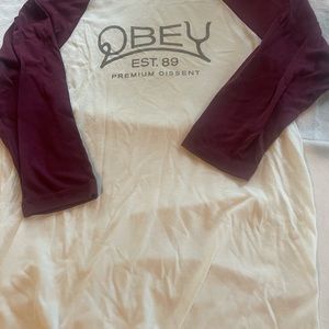 OBEY 3/4 length baseball style shirt small white with burgundy sleeves